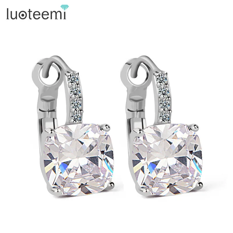 

LUOTEEMI Fashion Classic Simple Design Clear Square Zircon Earrings Clip Cuff Earrings for Women Jewelry White Gold-Color