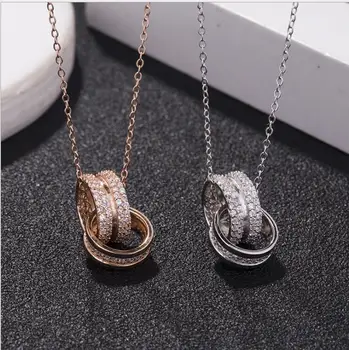 

Brand S925 Sterling New Fashion Three-Dimensional Silver Double Geometric Circle Clavicle Chain Micro-insert Women Necklace