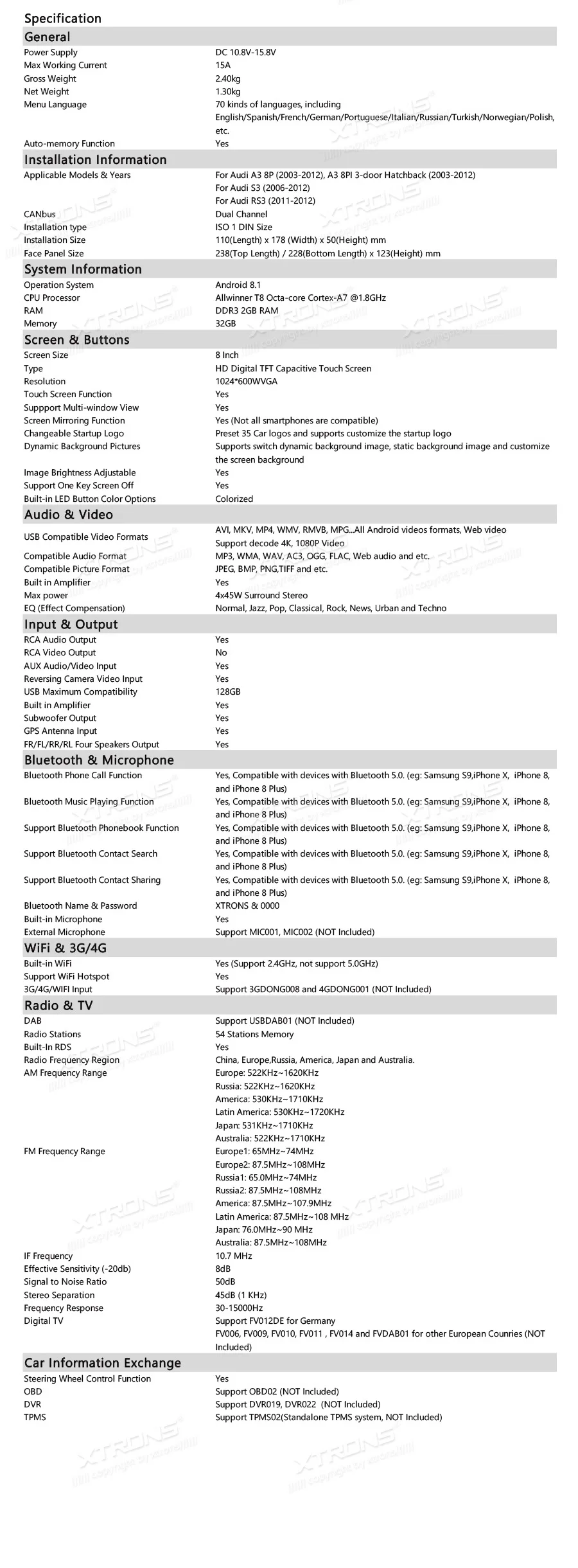 Sale 8" Octa-Core Android 8.1 OS Car Multimedia Navigation GPS Radio for Audi A3 2003-2012 & Audi S3 2006-2012 & Audi RS3 2011-2012 24