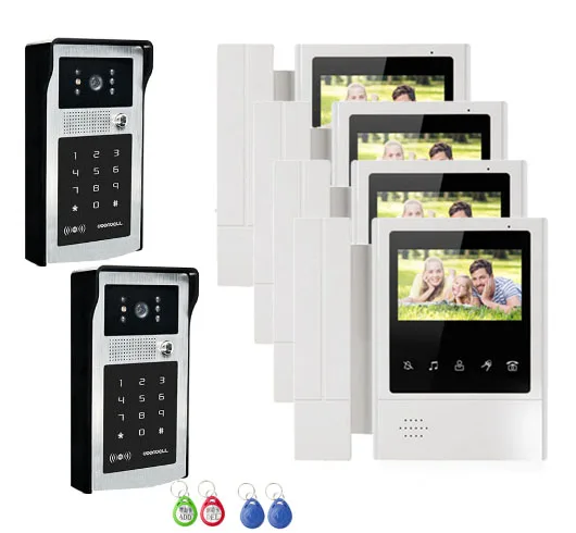 

XINSILU Top Quality Intercom System Doorbell 4.3" Video Door Phone HD Camera with Password&ID Card Unlocking 2Cameras+4Monitors