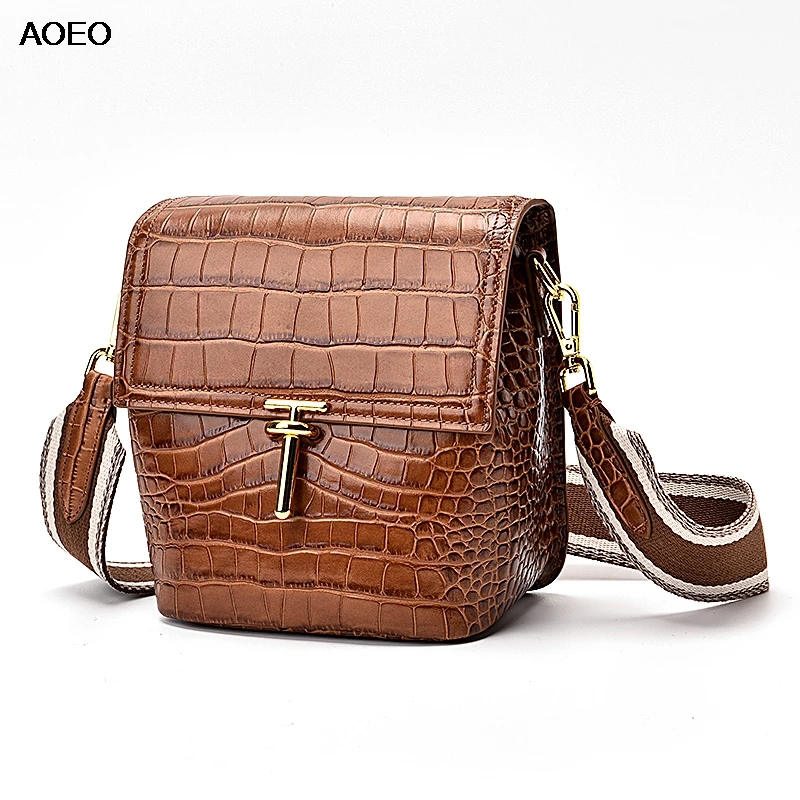 

AOEO Genuine Leather Womens Shoulder Bag High Capacity Ladies Bucket Messenger Bags Free Two Strap Wide Crossbody Bags For Girl