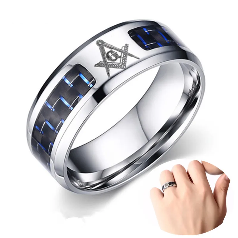 

8mm men rings Stainless Steel sliver ring Black Blue Carbon Fiber Inlay Masonic Rings Bands for Men pierscionki