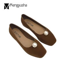 Обувь ручной работы весенние дамские туфли на плоской подошве квадратный носок жемчуг Туфли без каблуков из флока Неглубокие тонкие туфли бабушкины туфли, женская обувь, женская обувь с толстой мягкой подошвой