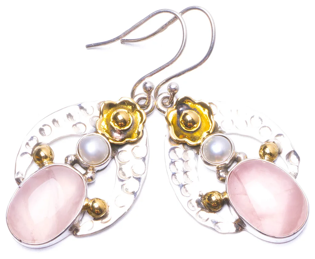 

Natural Two Tones Rose Quartz and River Pearl Handmade Unique 925 Sterling Silver Earrings 1.75" Y0956