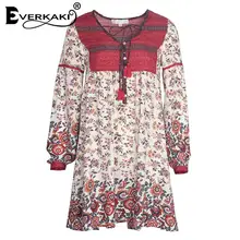 Everkaki Women Boho Floral Print Button Lace Up Mini Dress V Neck High Waist Lantern Sleeve Loose Dress Female Sundress 2018