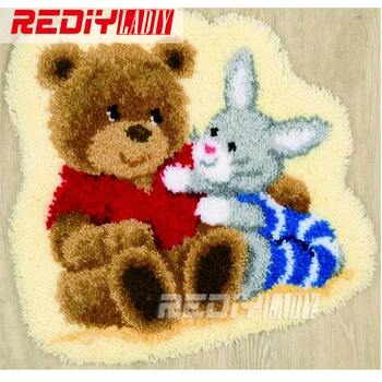 

Latch Hook Rug Kits DIY Needlework Unfinished Crocheting Rug Yarn Cushion Mat Embroidery Carpet Rug Bear and Rabbit Home Decor