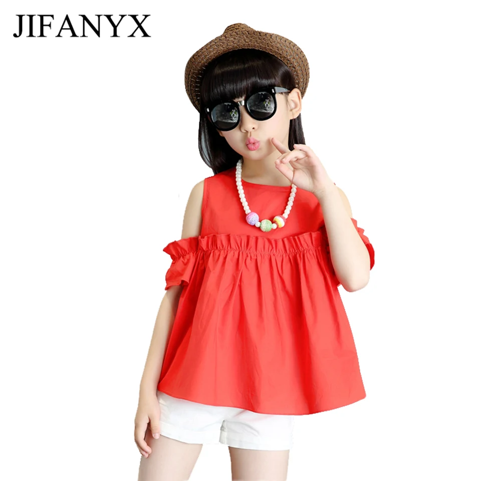 

JIFANYX Summer Girls Cute Strapless Dress Shirt + White Short Pants Set Kids Girls Clothing Set Sweet Lotus Sleeve Tops Pants