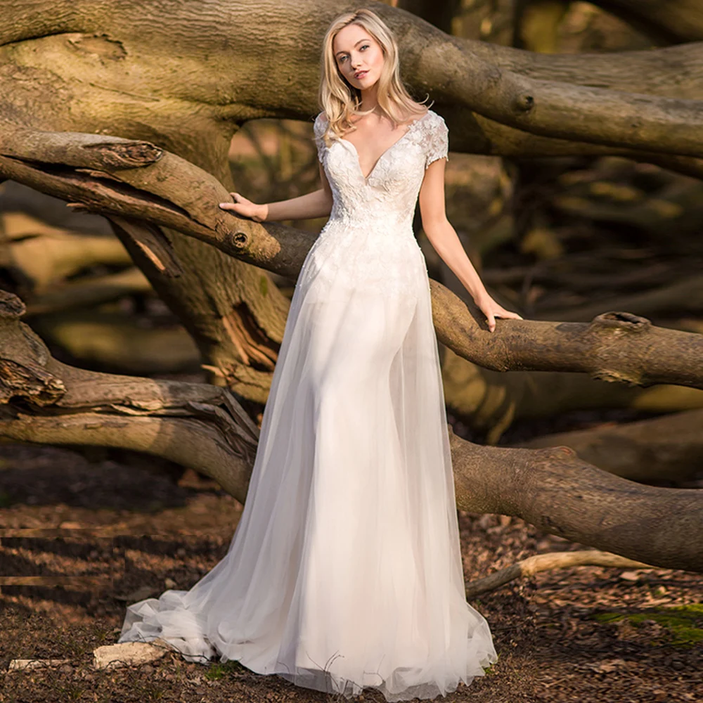 

Vestidos de Novia Playa V-neck Beach Wedding Dress Backless Elegant Robe de Mariee Tulle Appliques Luxury Abiti da Sposa