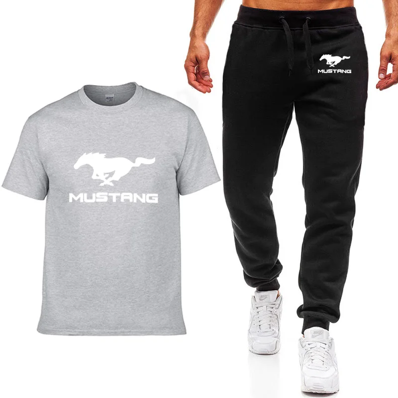 Модные летние мужские футболки Mustang с логотипом автомобиля, в стиле хип-хоп, повседневные, хлопковые, с коротким рукавом, высокое качество, футболка+ штаны, костюм, одежда - Цвет: 05