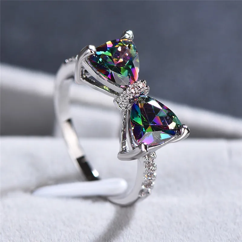 

Cute Women Rainbow Bowknot Ring With Crystal Stone Colorful Zircon Engagement Ring Boho Female Wedding Rings Band