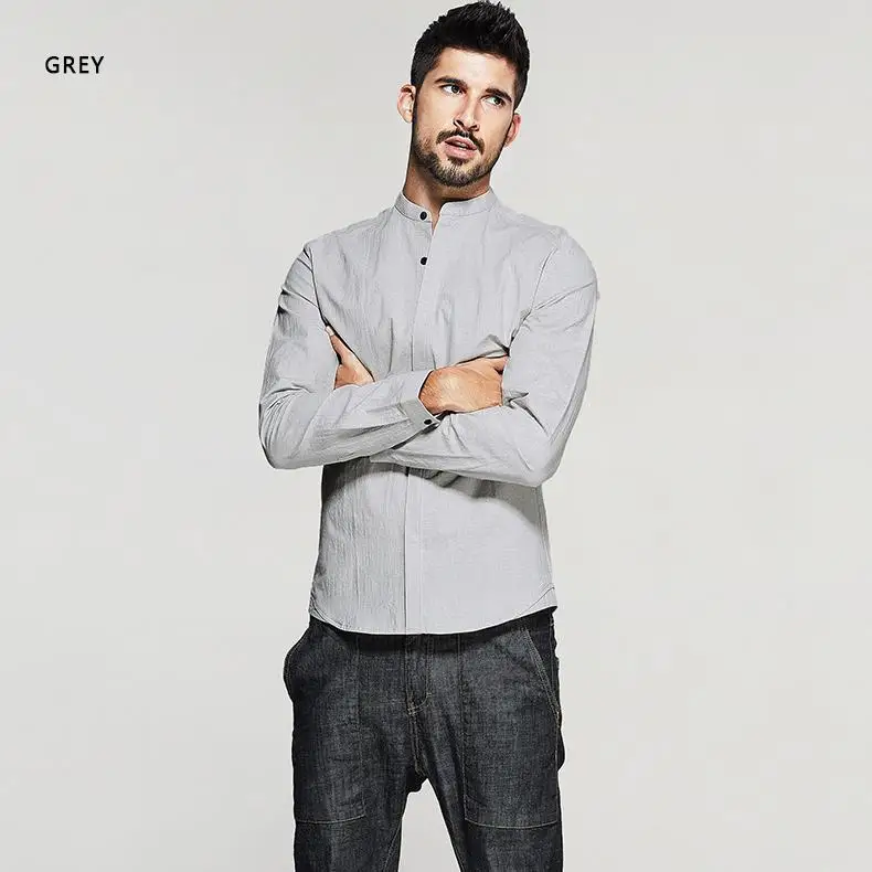 KUEGOU новые весенние мужские повседневные рубашки черный серый сплошной цвет для мужчин с длинным рукавом приталенная брендовая одежда мужская одежда Блузка 01361 - Цвет: Gray