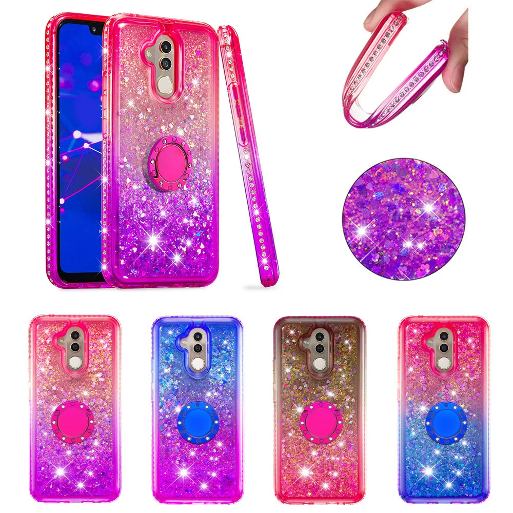 

Gradient Quicksand Diamond Ring Case for Huawei P20 Mate 20 Lite Pro Love Heart Glitter Cover for Honor 7A 10 Lite Bling Sequins
