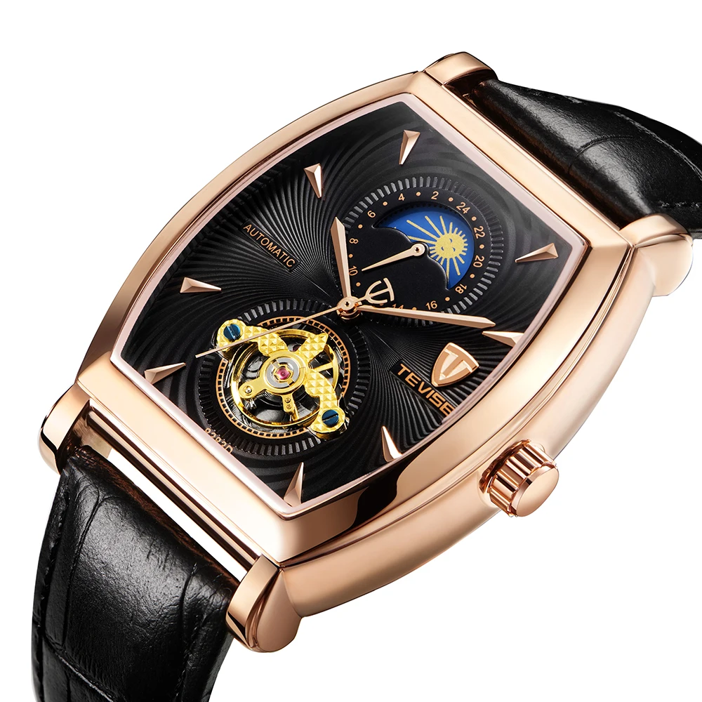 TEVISE Mens Watches Tonneau Moon Phase Automatic Watch Waterproof Self-Wind Mechanical Wristwatches Leather Strap + Box 8383D (1)