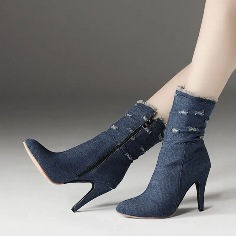 SJJH Women Denim Stiletto Chelsea Boots with Point Toe Zip Short Plush Mid-Calf Boots Fashion Elegant Shoes Large Size A954 SJJH Women Denim Stiletto Chelsea Boots with Point Toe Zip Short Plush Mid-Calf Boots Fashion Elegant Shoes Large Size A954