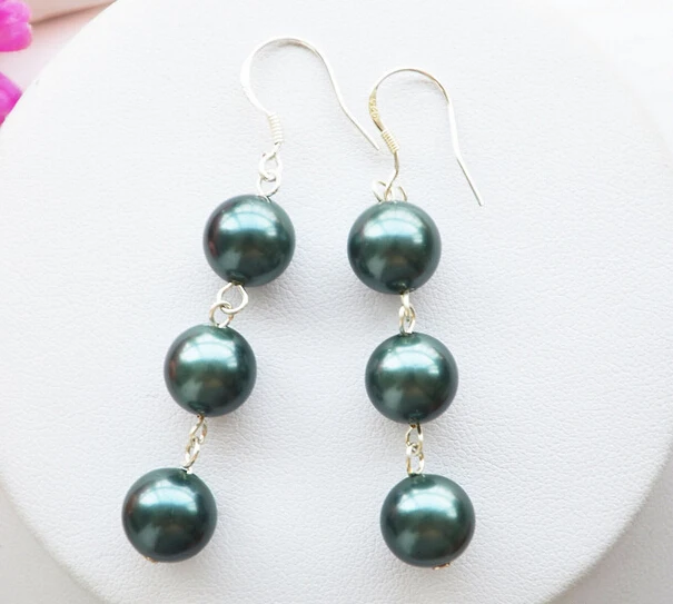 

free shipping 12146 Tahitian black ROUND south sea shell pearl DANGLE EARRING