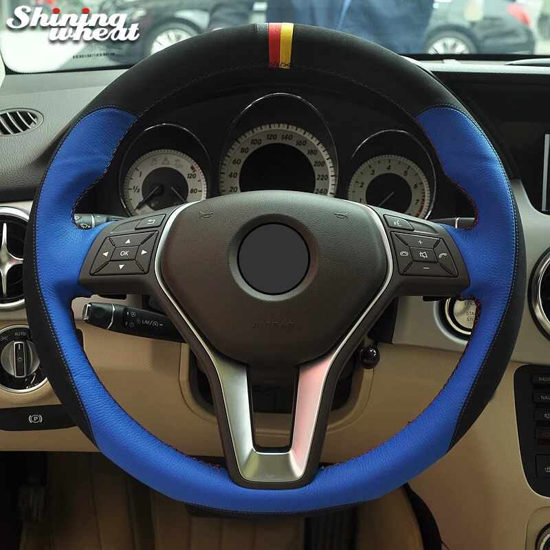 Shining wheat Black Suede Blue Leather Car Steering Wheel Cover for