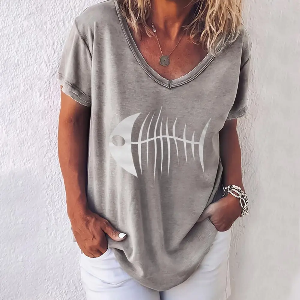 

Aprmhisy S-3XL Plus Size T-shirts Women Female 2019 New O Neck Fish Print Casual Basic Tops Tees Femme