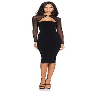 

Women's 2019 Spring and Autumn Black Long-sleeved Sexy Perspective Mesh Stitching Fleece Dress Low-cut Knee-length Dress
