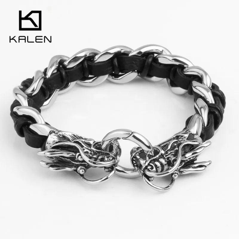 Kalen, новинка, готический 316L, нержавеющая сталь, животное, дракон, мужские кожаные браслеты, панк, ручная цепочка, браслеты, лучшие подарки для бойфренда
