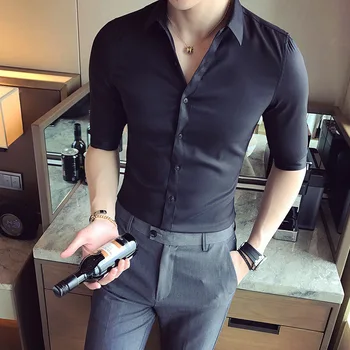 

New England Style Slim Short-sleeved Solid Shirt Men's Cropped Sleeve Shirt