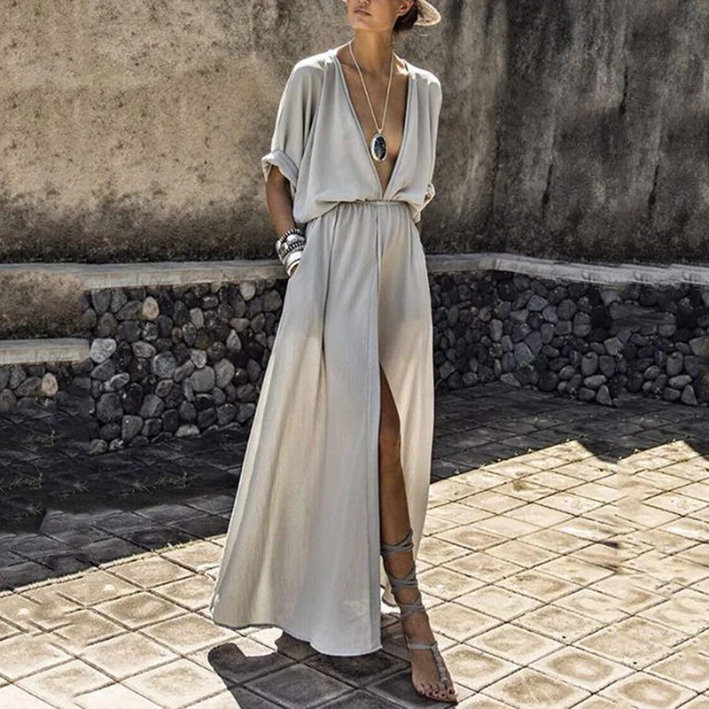 

Women Sexy Deep V-Neck Split Dress Casual Half Sleeve Maxi Vestidos Loose Solid Sweetwear Empire Summer Ankle-Length Dresses