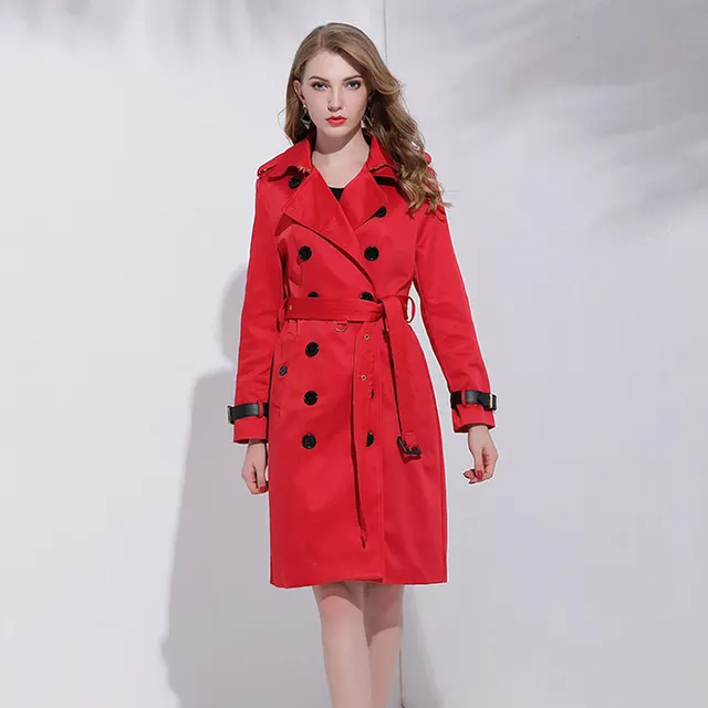 Women Fall Fashion Red Trench Coat Military Style Long Overcoat Vintage