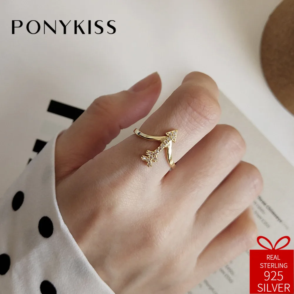 

PONYKISS Trendy 100% 925 Sterling Silver Zircon Love Arrow Golden Adjustable Opening Ring Fashion Women Chic Jewelry Fine Gift