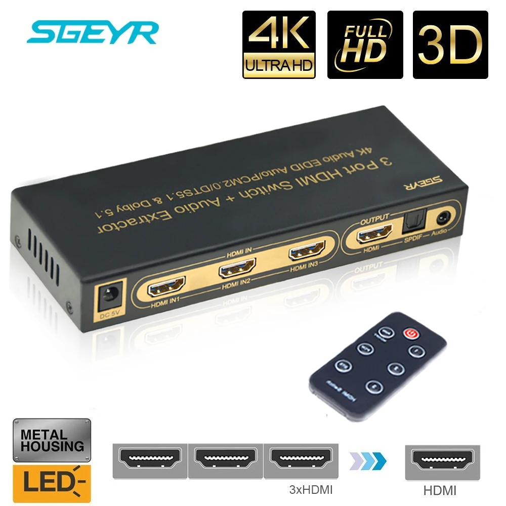 4K 3 Port HDMI Switch 3 input 1 Output Switcher HDMI 1.4 with Optical 3.5mm Audio Extractor+ Remote Control Switches