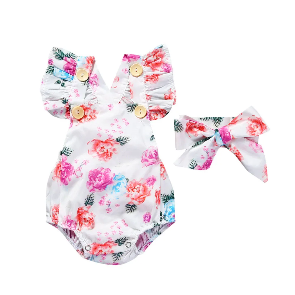 Милый комбинезон с цветочным рисунком из 2 предметов, одежда для маленьких девочек, комбинезон+ повязка на голову, 0-12 месяцев, комплект одежды для новорожденных, лидер продаж, RP-138