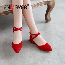 ENMAYER 2019 New Arrival Mary Janes Womens Shoes Heels Square Heel Kid Suede Pointed Toe Casual Solid Shoes Size 34-43 LY1842 mixed color polka dot mesh upper girl nude shoes square toe black suede buckle mary janes shoes middle chunky heel shoes women