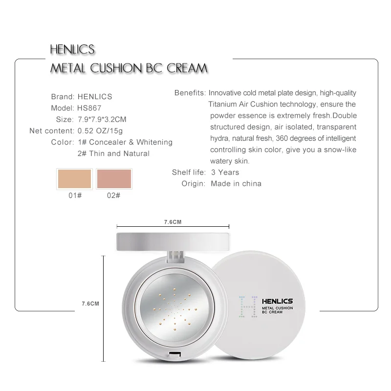 FRANCE HENLICS Multi-Effect Metal Air Cushion BC Cream Moisturizer Concealer Magic Flawless Natural Whitening Cream (7)