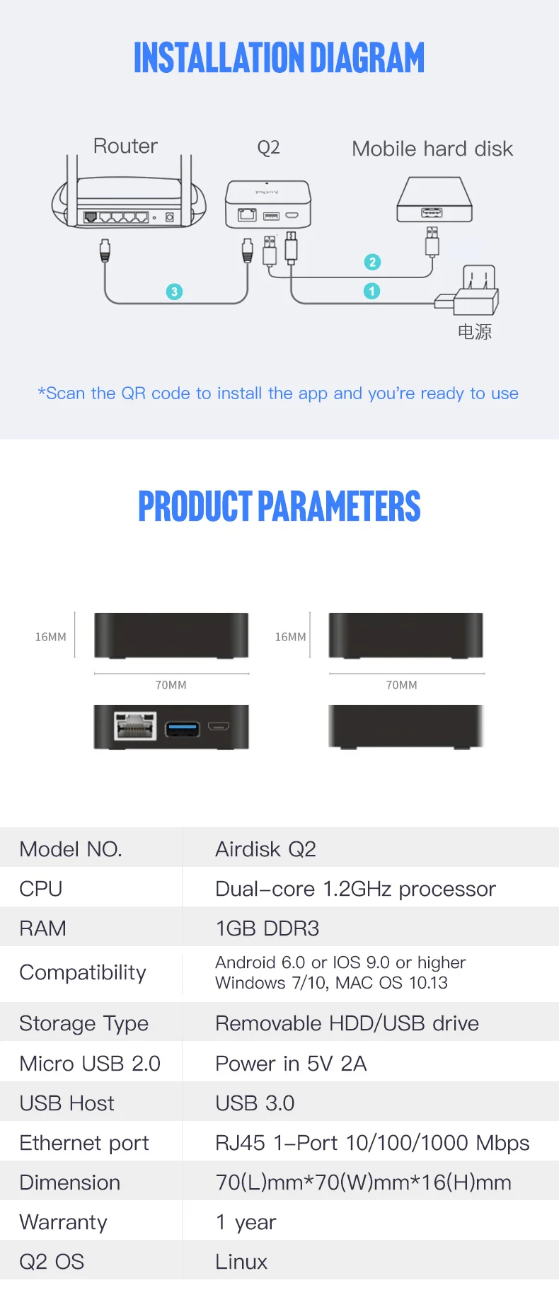 Airdisk Q2 мобильный сетевой жесткий диск USB3.0 2," Домашняя умная сеть Облачное хранилище многоместный обмен мобильным жестким диском