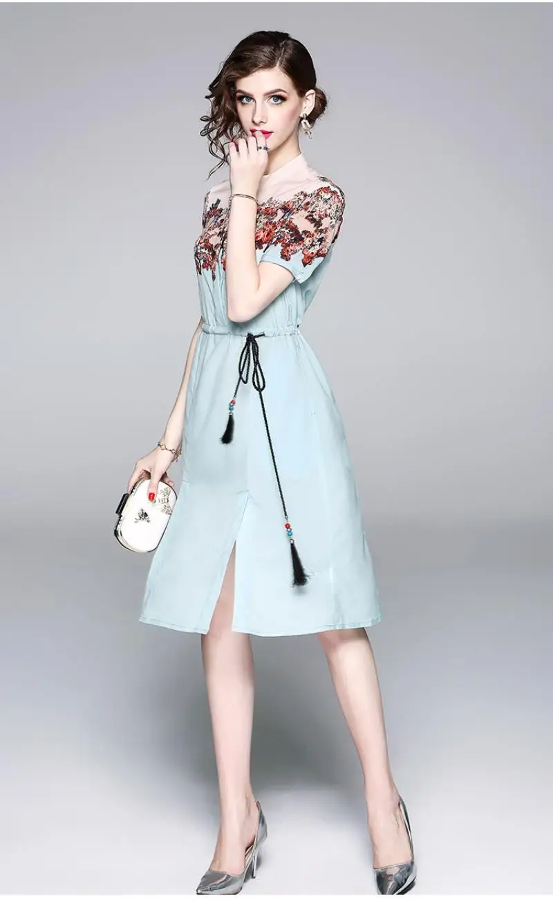 2018 New Autumn European Fashion Print dress Vintage Floral Print Patchwork Short Sleeve Casual Dress With Beaded Belt