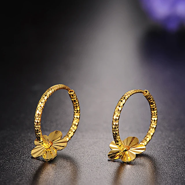 ZZZ 24k Pure Gold Hoop Earrings Flaky Plum Sweet Elegant And Fashion Women Classic Girl Gift 2020 New Hot Selling Real Solid