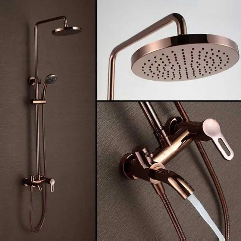 

Bathroom brass rose gold shower system wall mounted 8" rainfall shower mixer taps 3 functions single handle 083