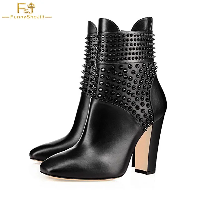 FSJ  Black Rivet Women Shoes Chic Studded Chunky Heel Boots Closed Square Toe Ankle High Side Zipper Booties Shoes New Designer