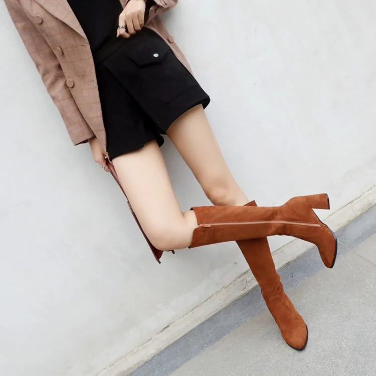 

Big Size11 12 13 14 15 16 Fashion of Simple Slim Women's Boots with Rough Heel and Point Side Zipper Over Knee