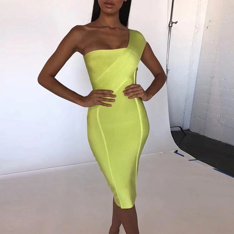 

Green One Shoulder Bandage Dress 2019 New Fashion Women's Sheath Rayon Dresses Knee-Length Nightclub Party Vestidos Sleeveless