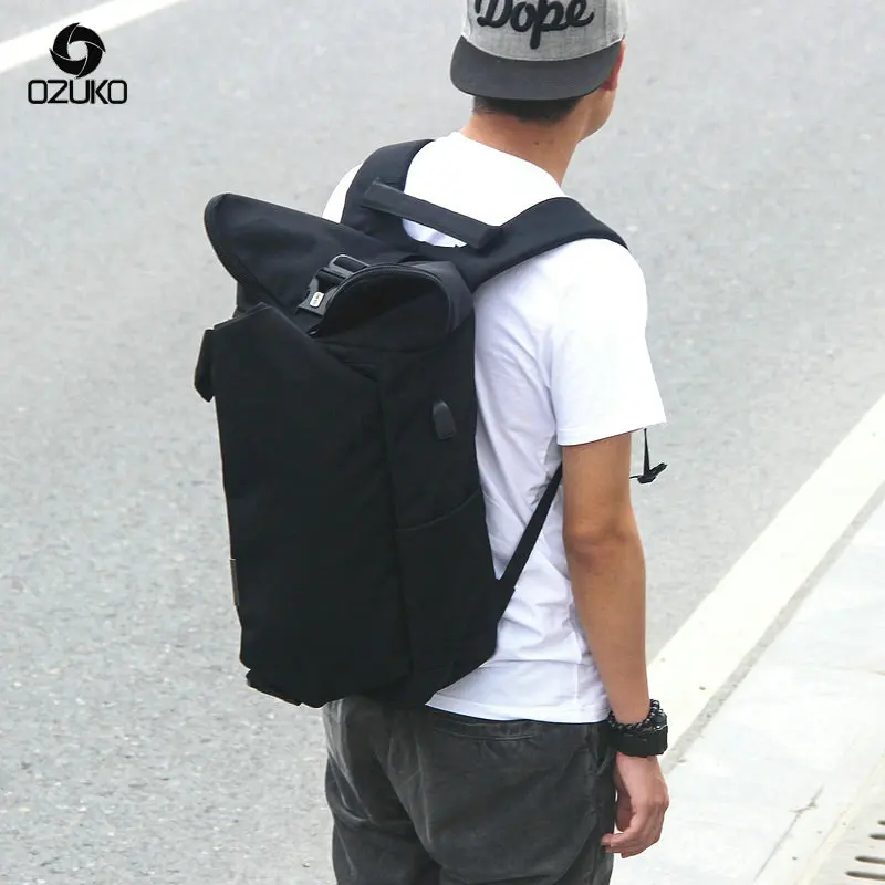 

OZUKO Fashion Large Capacity 15.6 Inch Laptop Bag Man USB Design high quality Backpack Bag Black Backpack Solid color School bag