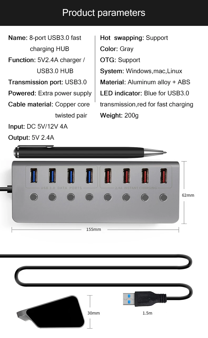 Алюминий сплав 8-Порты и разъёмы USB3.0 сплиттер 4 Порты и разъёмы для ноутбука на usb-хаб 4 Порты и разъёмы Быстрая зарядка внешний адаптер 12 В 4A Питание