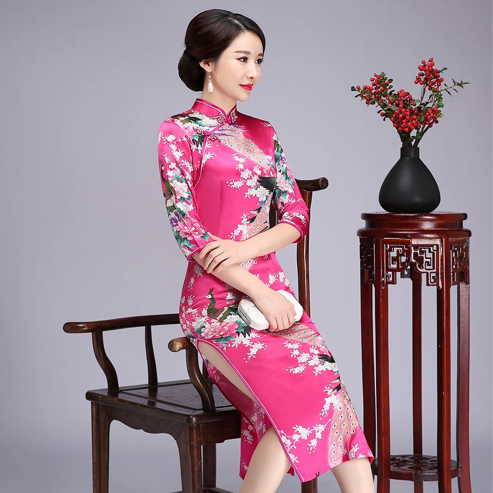 Женское винтажное платье Ципао розовое элегантное узкое в китайском стиле с
