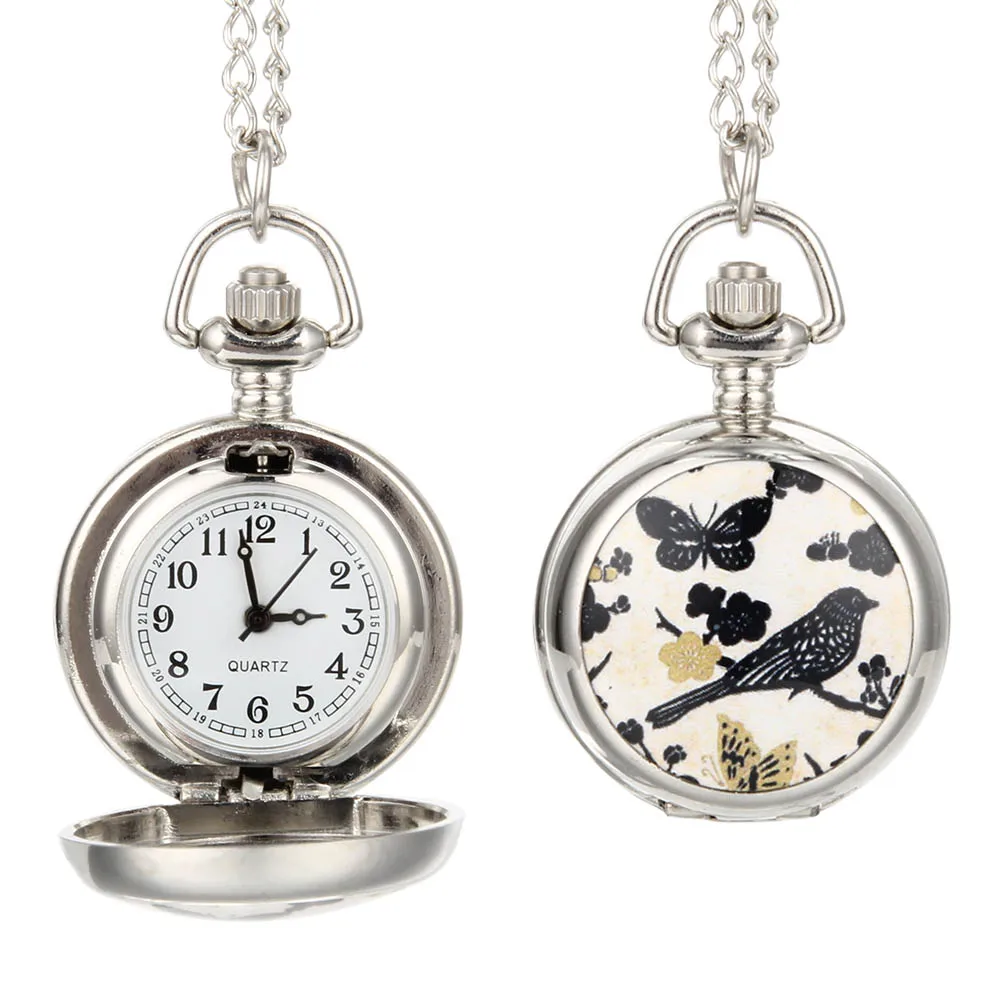 

Fashion Vintage Quartz Pocket Watch Alloy Bird Flowers Butterfly Lady Sweater Chain Necklace Pendant Clock Women Gifts L