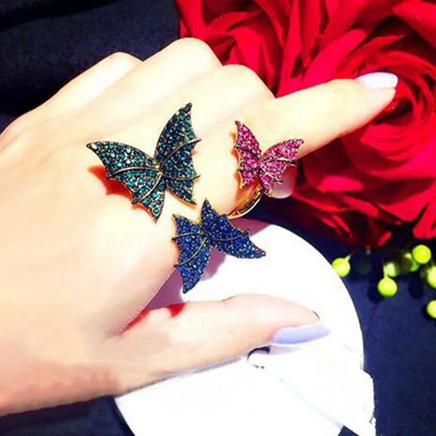 

New Rose Flower Colorful Korean Butterfly Crystal Ring Open Ring 048
