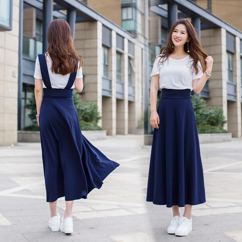 

2019 Summer Women Vintage Mori Girl Long Suspenders Straps Braces Skirt Femme Preppy Style A-line High Waist Pleated Skirt