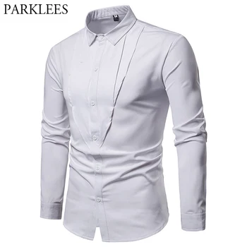 

Mens White Wedding Dress Shirt Casual Slim Fit Male Patchwork Tuxedo Shirts Long Sleeve Business Work Plus Size Chemise Homme 2X