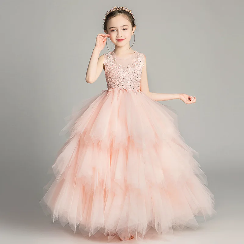 

Layered Princess Party Dress Appliques Flower Girl Dresses for Wedding Crystal Kids Pageant Dress Birthday Evening Gowns B423