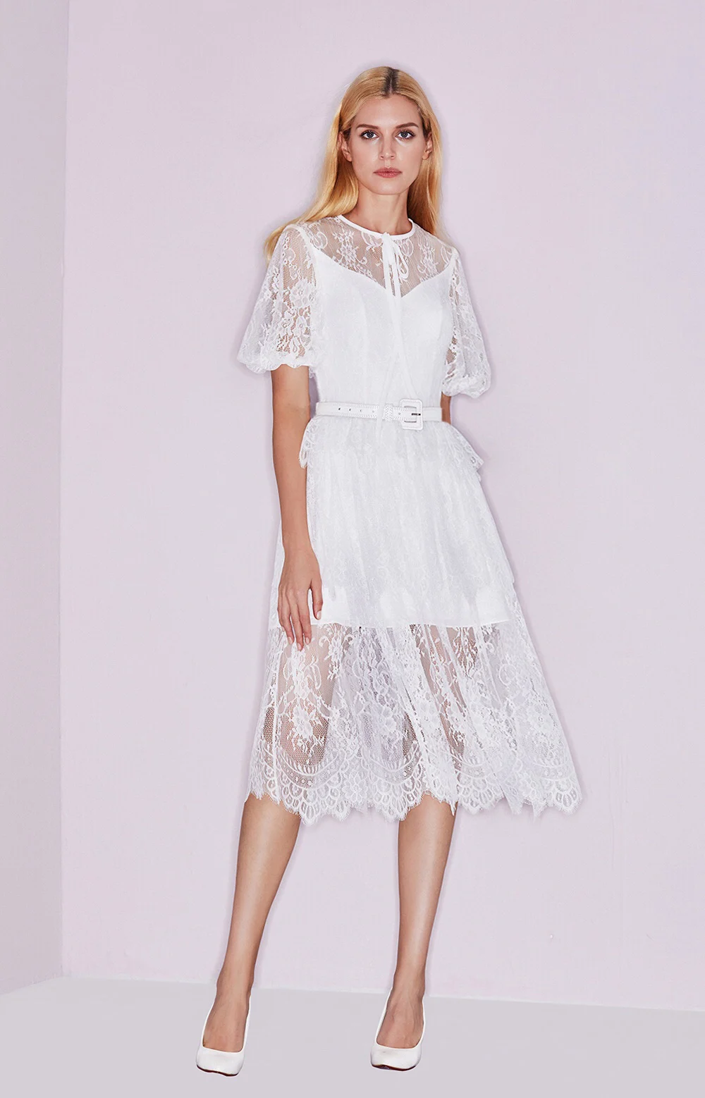 Illusion Lace Puff Sleeve Bow Prom Dress Tea Length Cocktail Dresses