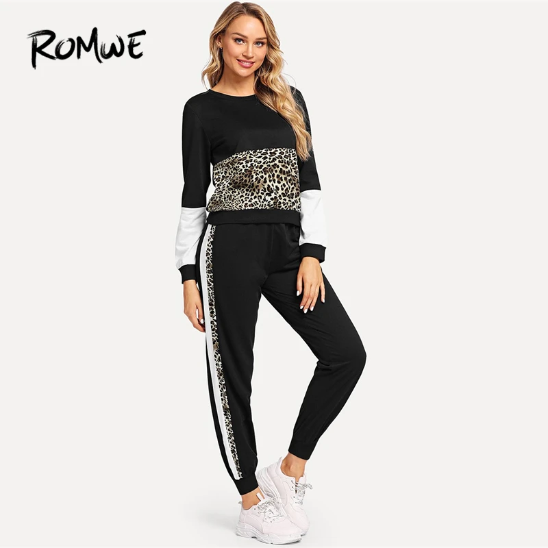 

ROMWE Black Leopard Panel Top With Pants Women Casual Autumn Fashion Two Piece Sets Long Sleeve Clothing Two-piece Outfits