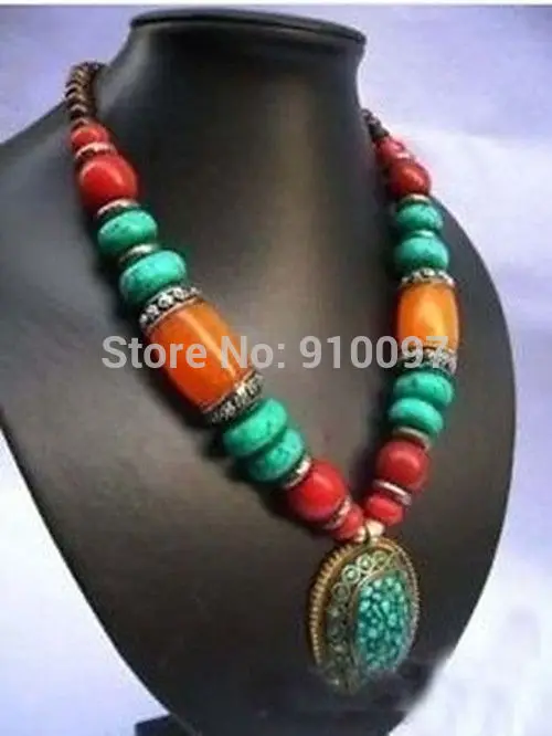 

DD free shipping >>Jewelry Tibet silver turquoise beeswax necklace pendant