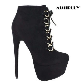 

Women Retro Ankle Boots Round Toe High Heel Platform Booties Autumn Winter Shoes Lace Up Black Dark Red Aimirlly